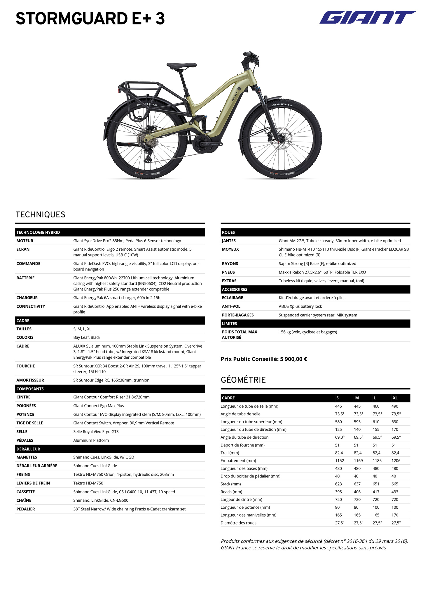 Fiche technique du velo électrique Stormguard E+ 3 année 2025